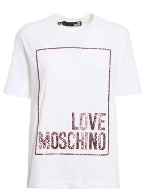 Love Moschino White T-Shirt with Pink Sparkle Logo